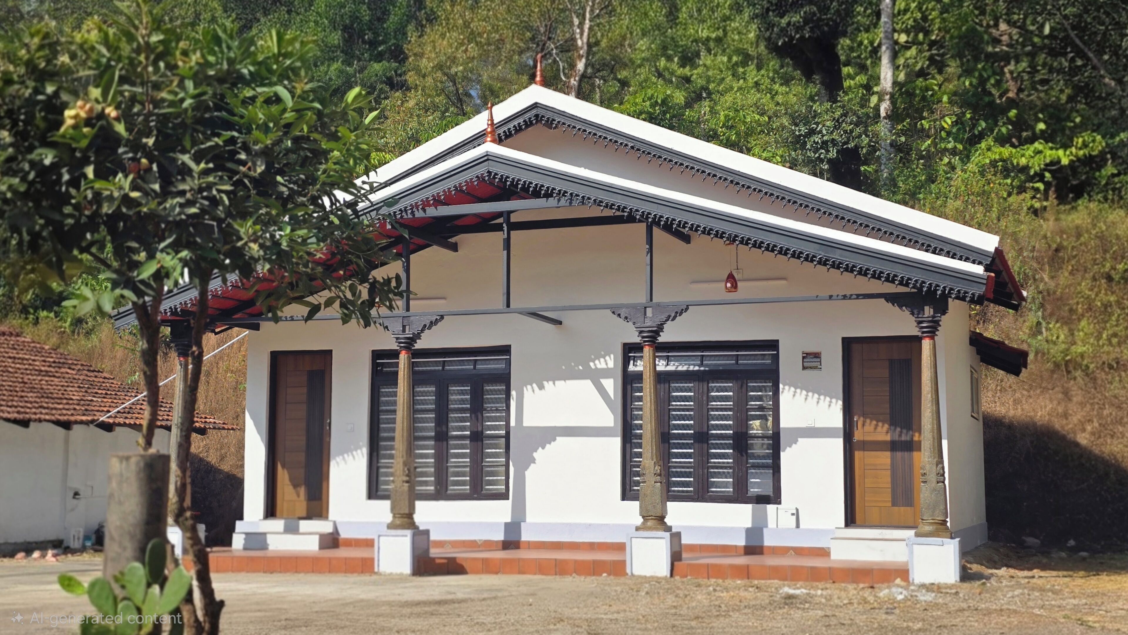 A single-story building with a gabled roof, two windows with shutters, and a porch with a railing.