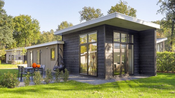 A modern house with a patio, a hanging chair, and a table with pumpkins.