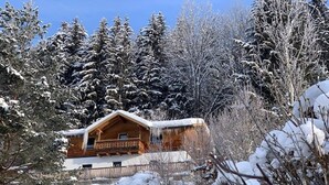Una cabaña de madera con balcón, rodeada de árboles nevados y un cielo despejado.