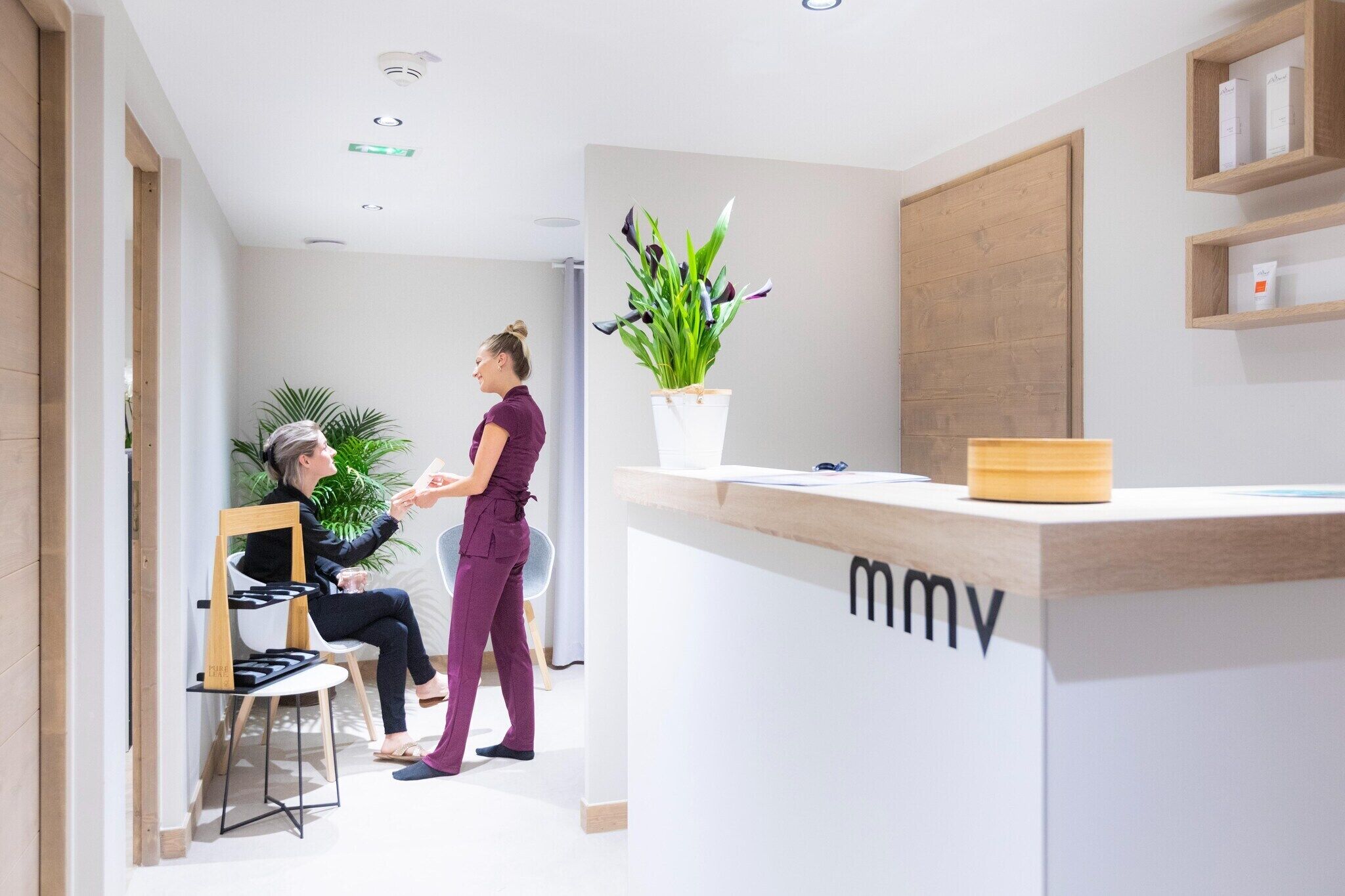 Un espace d’accueil avec un comptoir en bois, une plante en pot et une chaise.