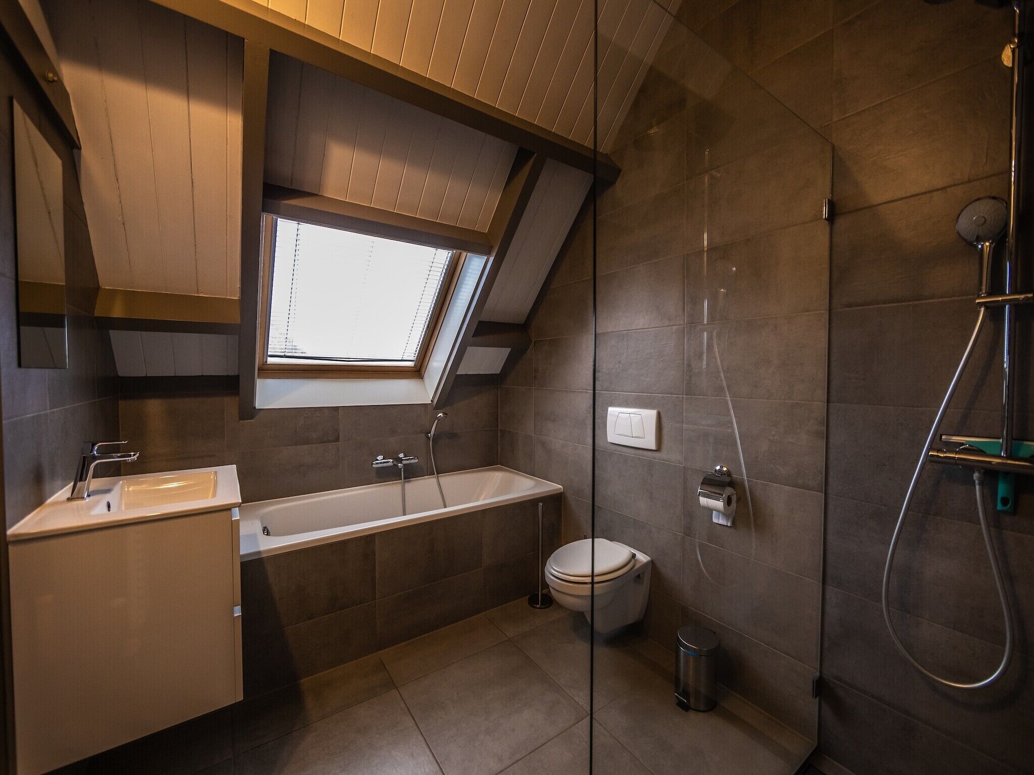 Un baño moderno con tragaluz, bañera, inodoro y ducha.