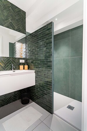 Shower, hair dryer, bidet, towels