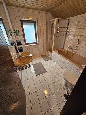 Shower, towels, toilet paper