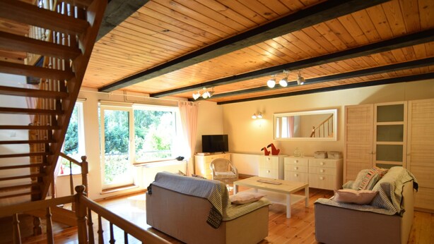 A cozy living room with wooden floors and a staircase, a sofa, a coffee table, and a television.