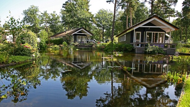 Järvenrantahuvila, jossa on laituri, ja jonka ympärillä on vehreää kasvillisuutta ja puita.