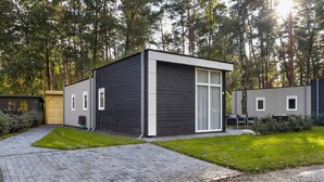 Une cabane moderne, de plain-pied, avec une façade sombre et des éléments décoratifs blancs, entourée d’une pelouse bien entretenue et d’une allée pavée.