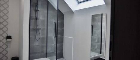 Un baño moderno con ducha cubierta por vidrio, tragaluz y un espejo grande.