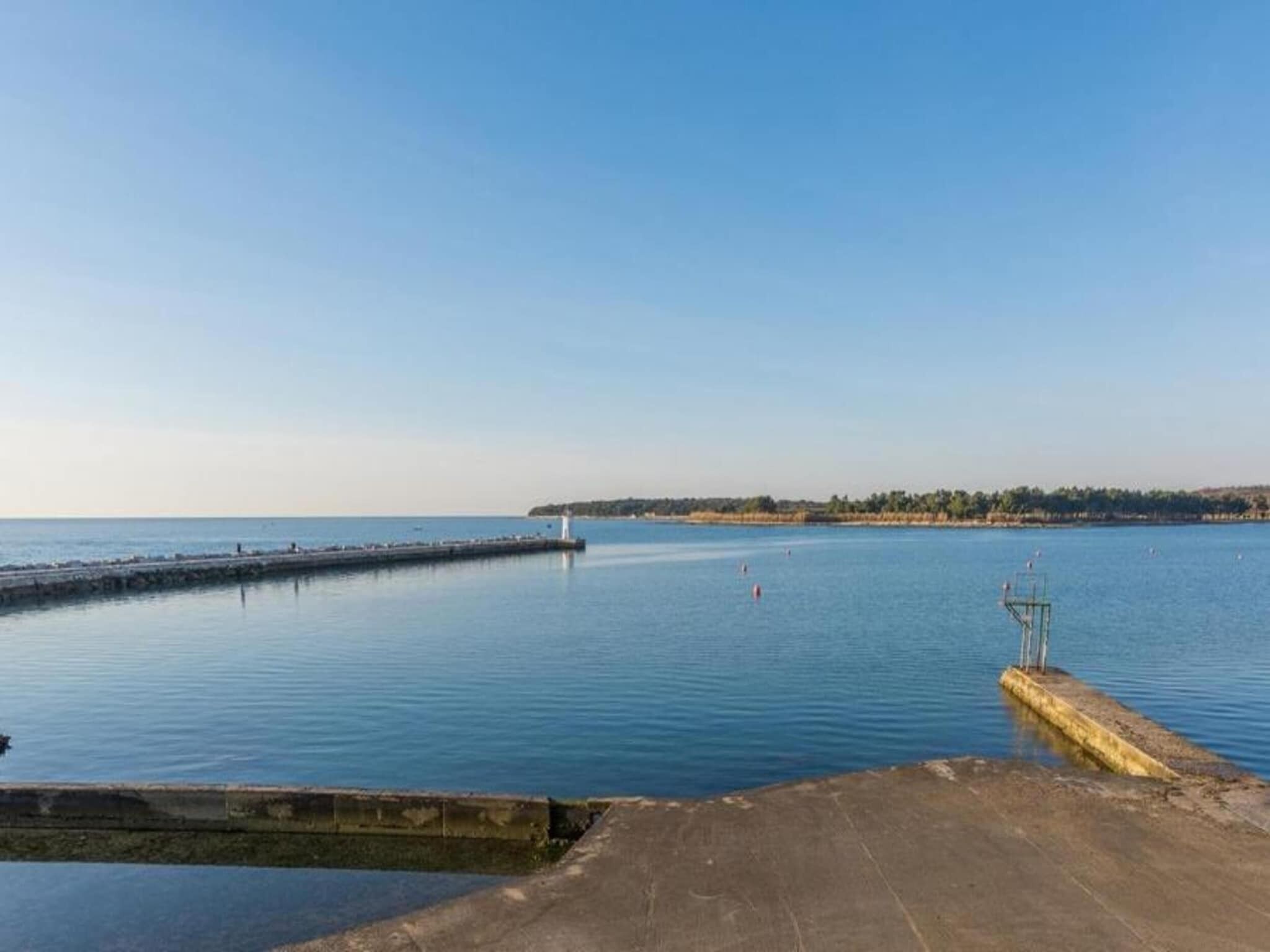 A calm waterfront with a pier extending into the water, a small dock, and a distant shoreline with trees.