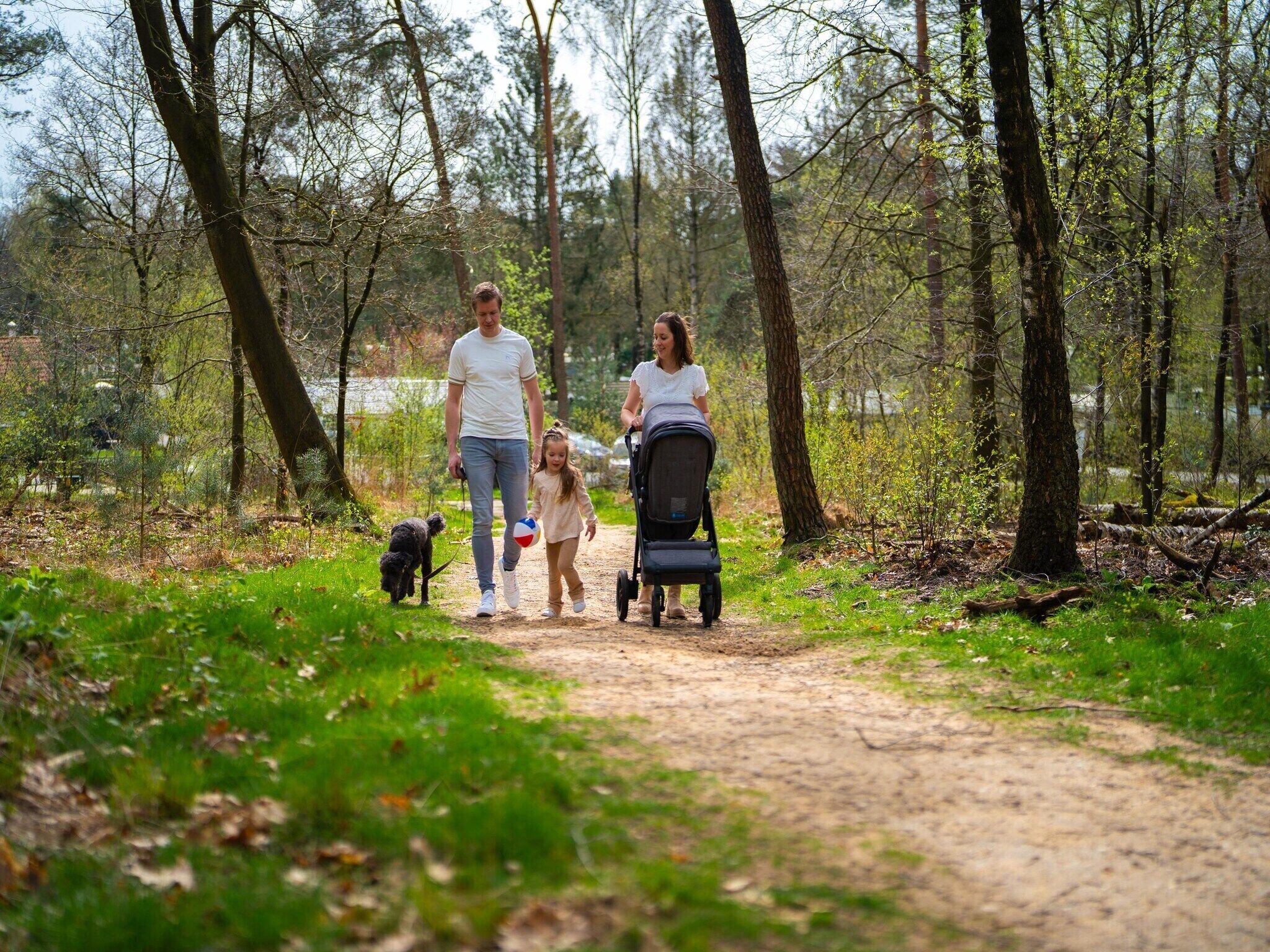 Eine Familie spaziert auf einem Feldweg durch ein bewaldetes Gebiet.