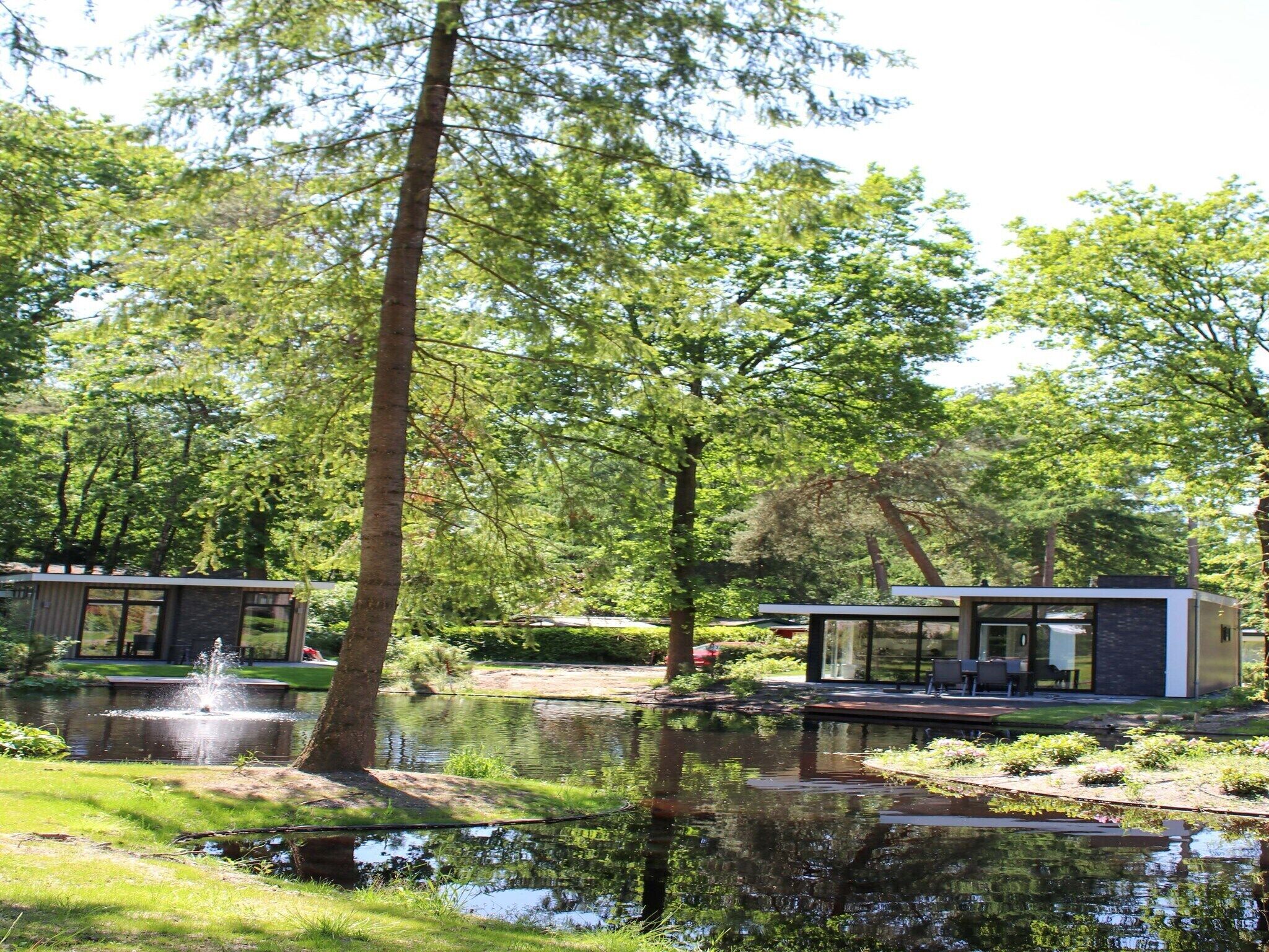 A modern house with a pond, surrounded by trees.