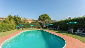 Una piscina con borde de ladrillo, rodeada de sillones de descanso y sombrillas, y un seto al fondo.