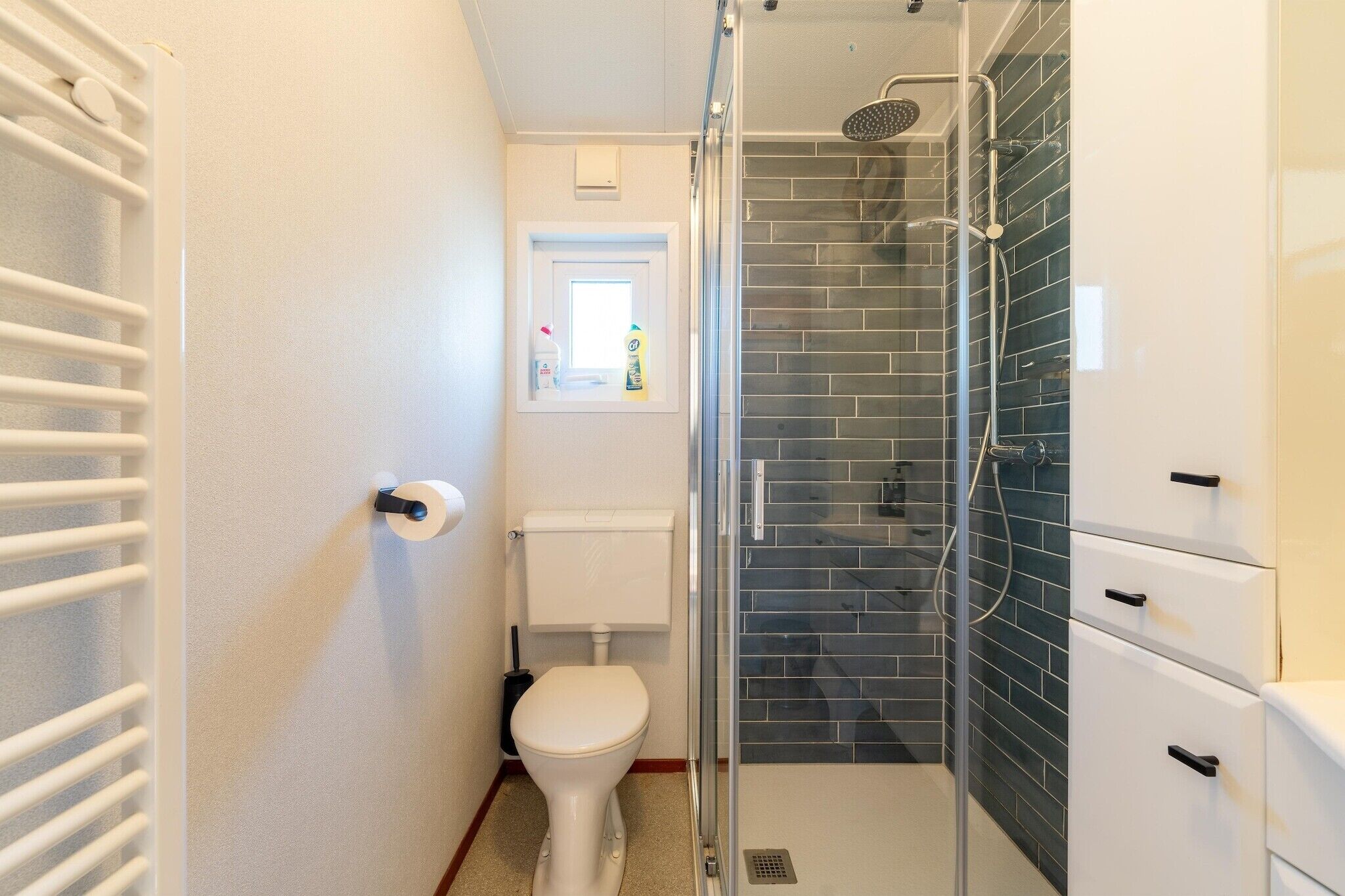 A bathroom with a toilet, a shower with a glass door, and a white radiator.