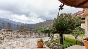 Une terrasse en pierre avec un pot de fleurs, un arbre et une vue sur les montagnes.