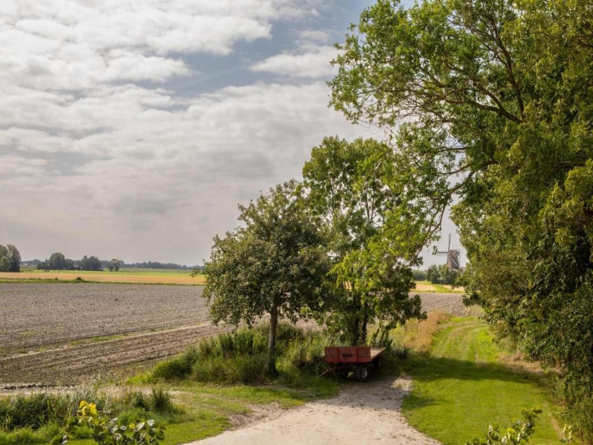 Un paisaje rural con un camino de tierra, una caravana roja y campos.