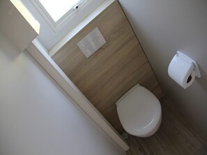 Ein Badezimmer mit Toilette, einem Wand-Toilettenpapierhalter und einem Fenster über der Toilette.