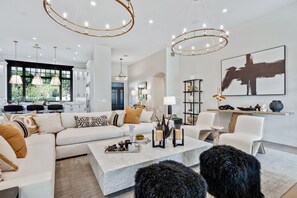 TV connectée, cheminée, livres, médiathèque