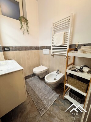 Shower, hair dryer, bidet, towels
