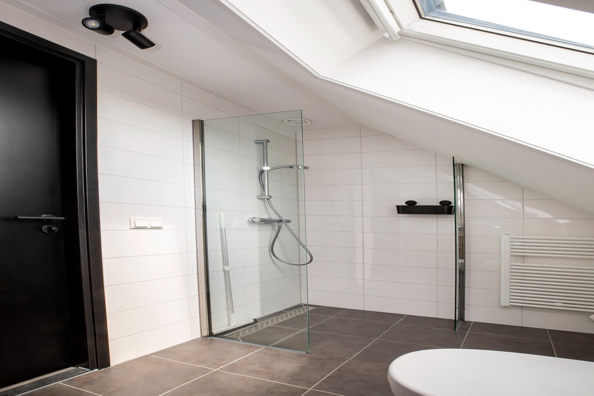 A modern bathroom with a glass shower enclosure, a toilet, and a white radiator.
