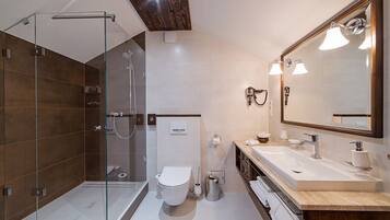 A modern bathroom with a glass-enclosed shower, a toilet, a sink with a mirror, and a towel rack.