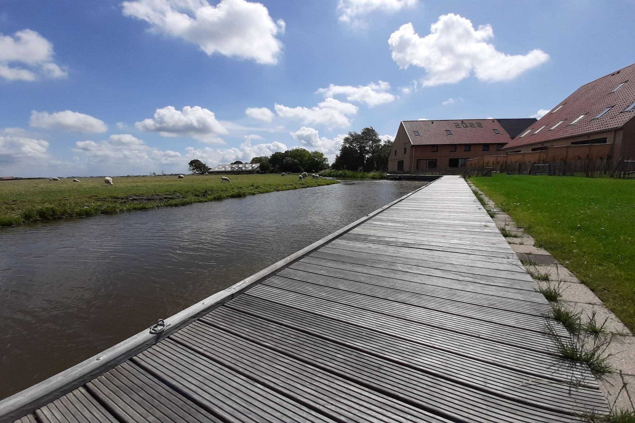 Un muelle de madera a orillas de un río tranquilo, que conduce a un edificio con techo inclinado.