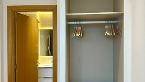 A walk-in closet with a wooden door, a mirror, and a shelving unit with hangers.