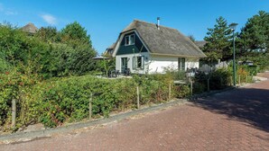 A house with a thatched roof, surrounded by greenery and a paved driveway.