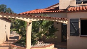 A covered patio area with palm trees and a tiled floor. - Villa with pool (Canet-en-Roussillon)