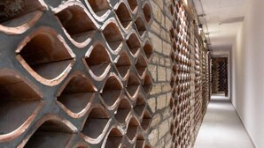 Un couloir avec un mur orné de motifs et un sol carrelé.