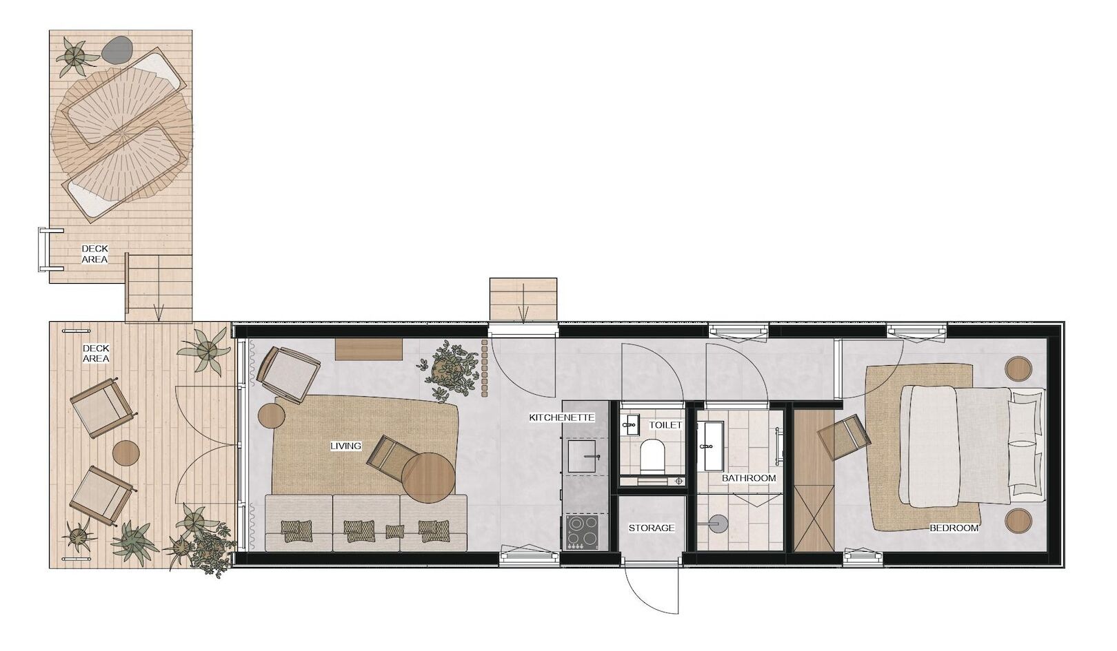A floor plan of a hotel room with a living area, kitchenette, bathroom, and bedroom.