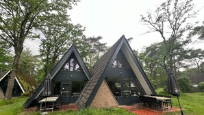 A modern, triangular-shaped building with a brick base and large windows, surrounded by lush greenery. - Bungalow in Limburg near Nature Reserve (Stramproy)