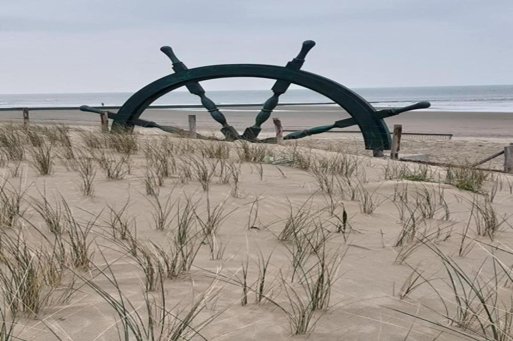 Una grande ruota di timone su una spiaggia sabbiosa, con erba sullo sfondo.