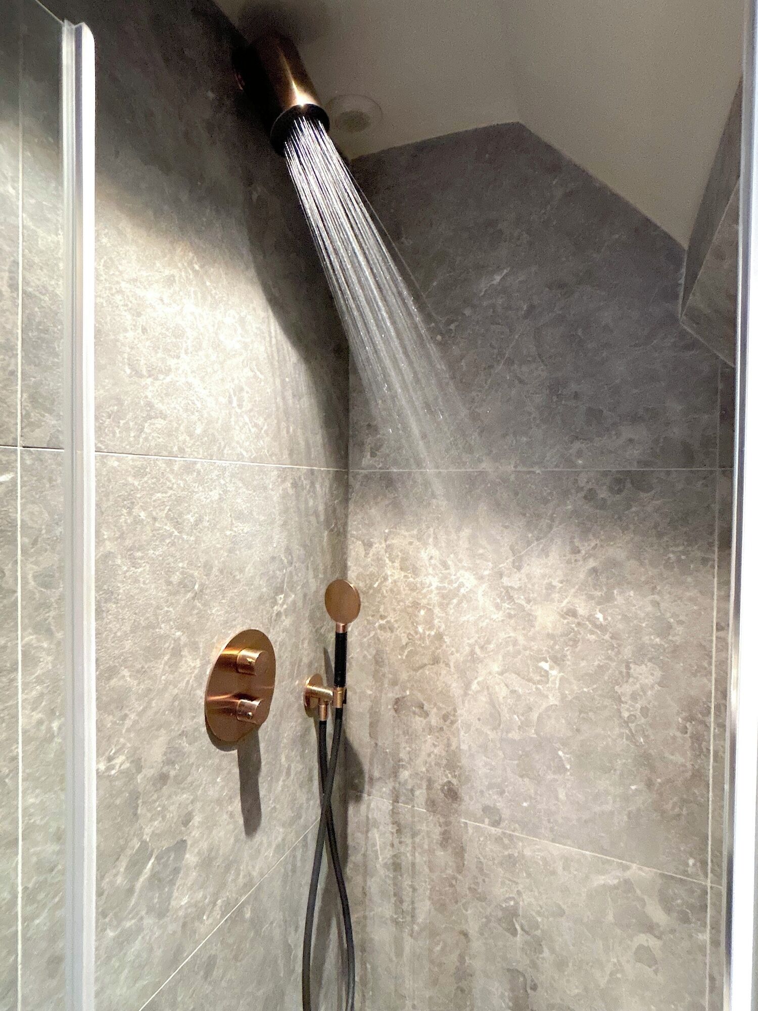 Shower, hair dryer, towels, toilet paper