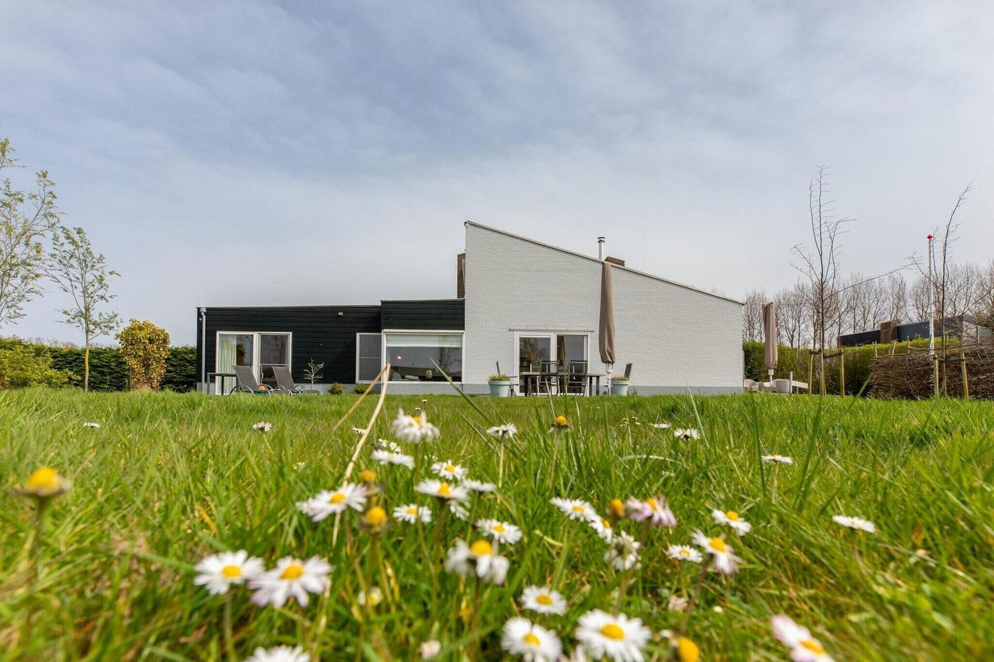 A modern house with a large lawn and a garden area with flowers.
