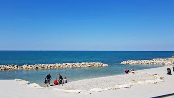 A beach with rocky breakwaters, clear blue water, and people walking along the shore.
