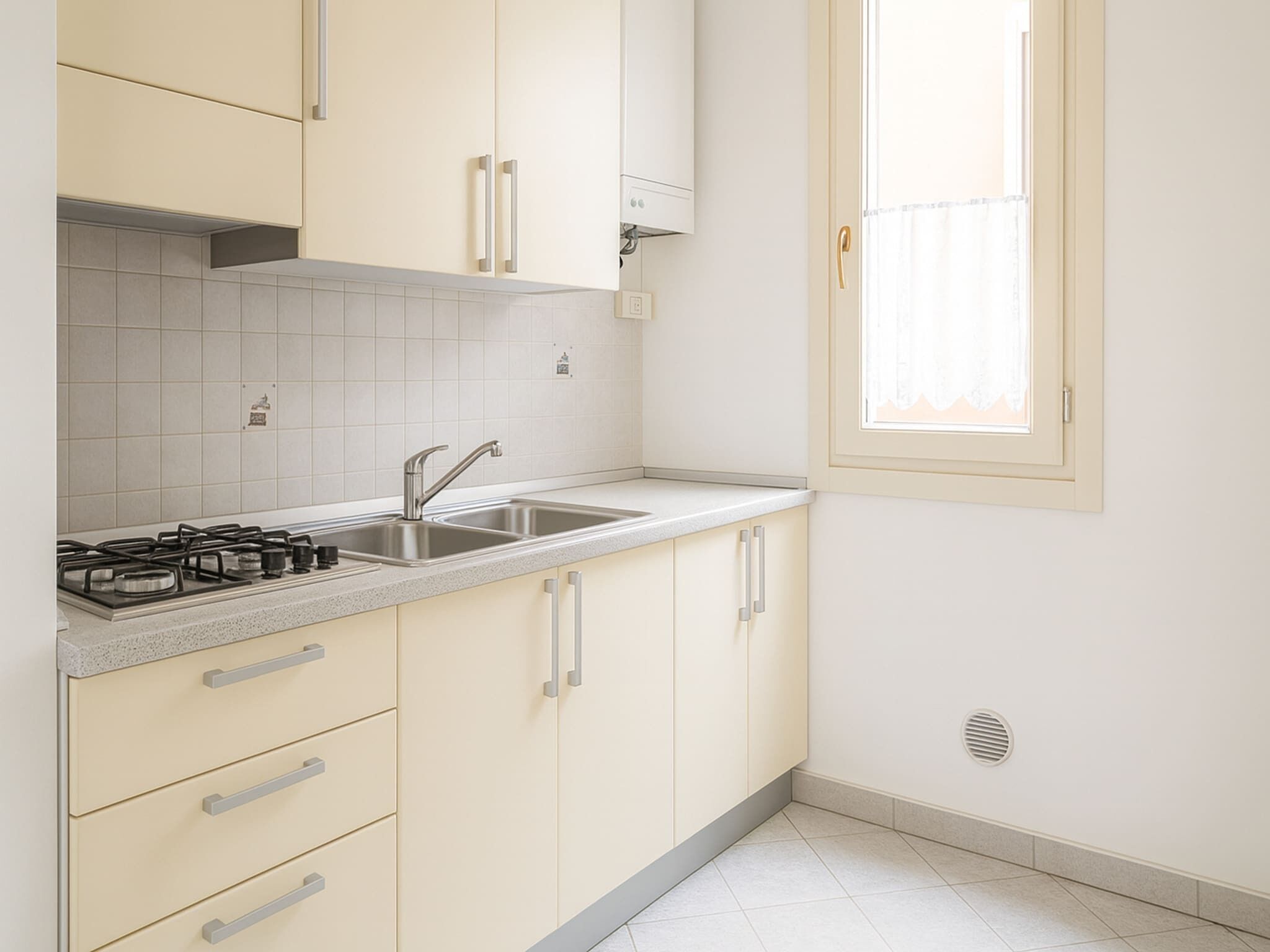 Fridge, oven, stovetop, dining tables