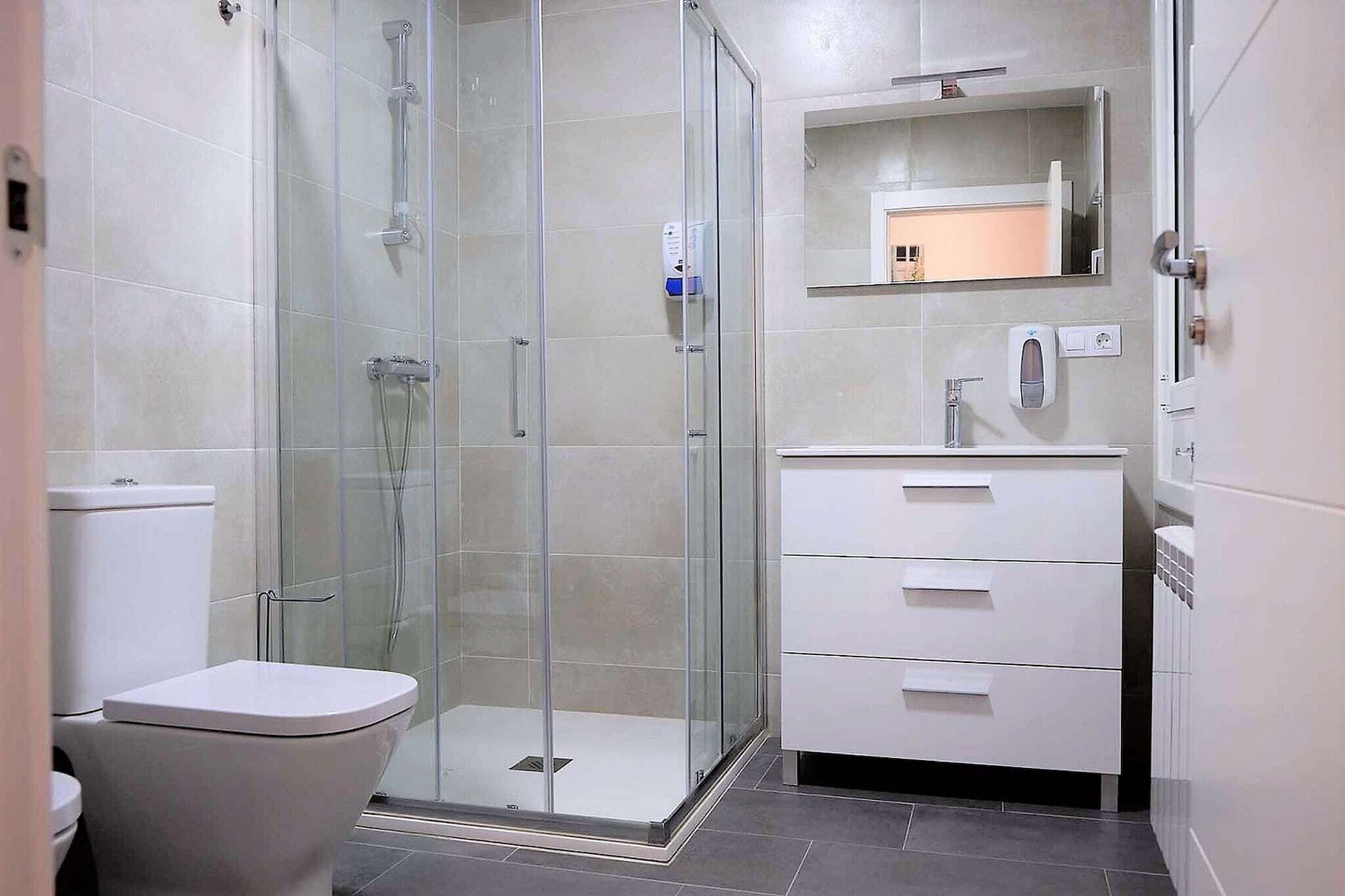 A modern bathroom with a glass-enclosed shower, a white toilet, and a vanity with a mirror.