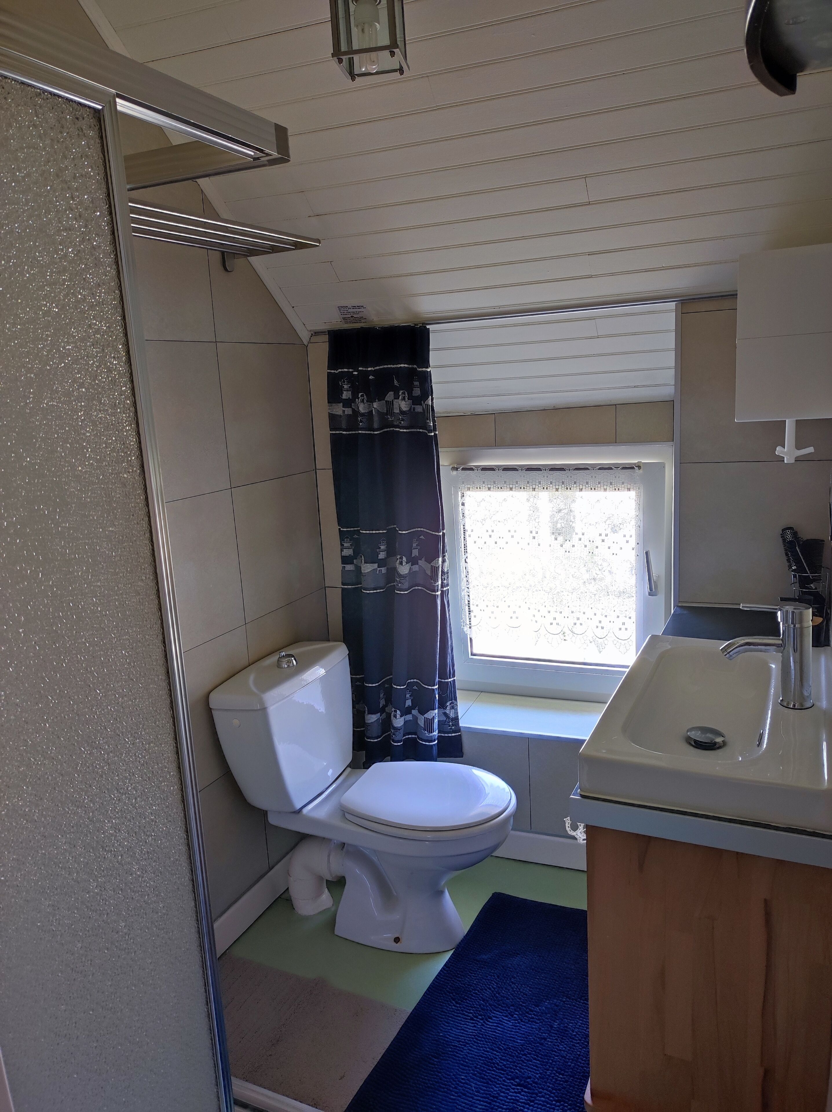 Un baño pequeño con inodoro, lavamanos y zona de ducha.