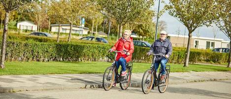 Dos personas paseando en bicicleta por un camino pavimentado en un parque, con árboles y un edificio al fondo.