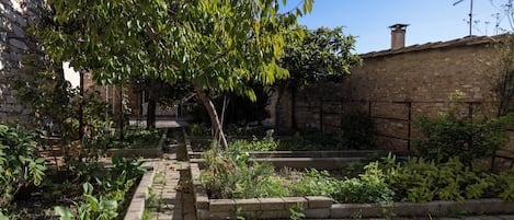 Ein Garten mit erhöhten Beeten und einer Backsteinmauer.