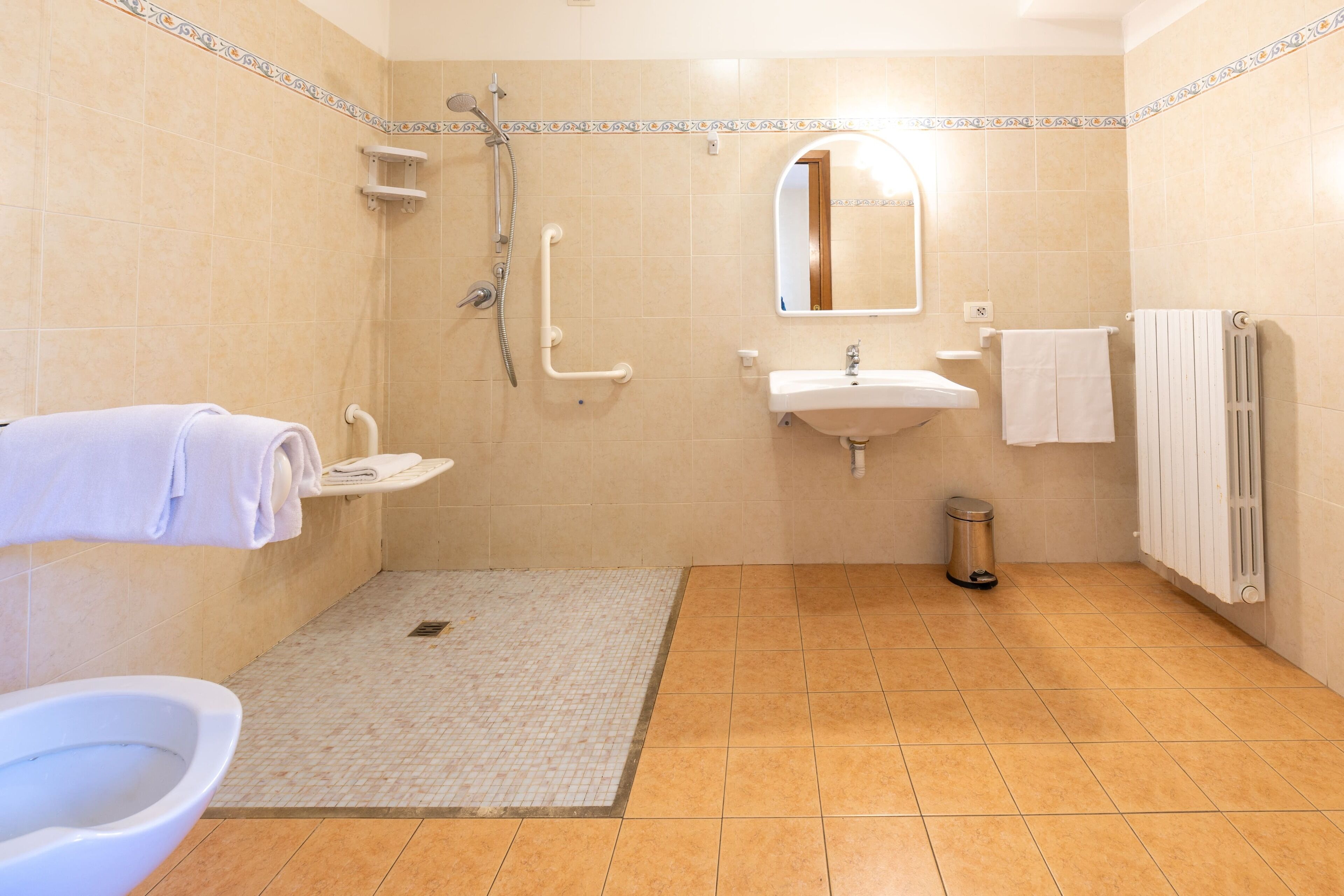A bathroom with a toilet, sink, shower, and handrails.
