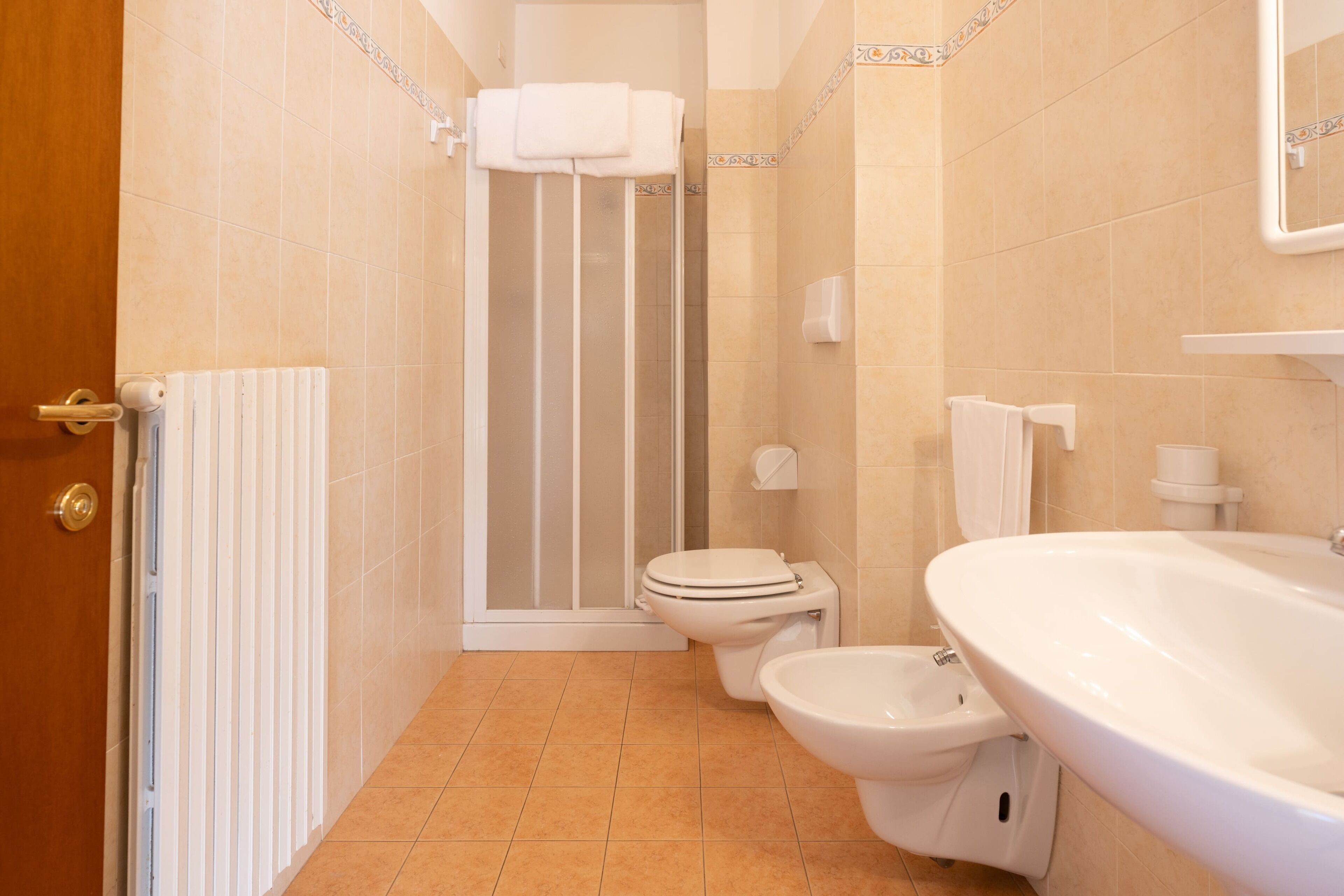 A bathroom with a shower, toilet, bidet, and sink.
