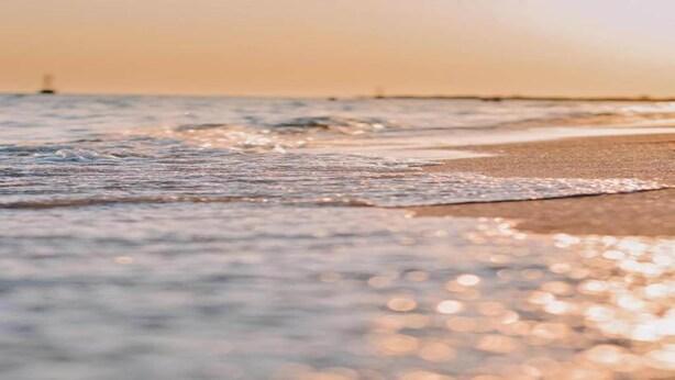 Una playa con olas que lamen suavemente la orilla.