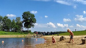 Une plage de sable avec un étang, des arbres et un ciel dégagé.