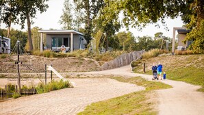 A dirt path leading to a modern house with a large window and a deck.