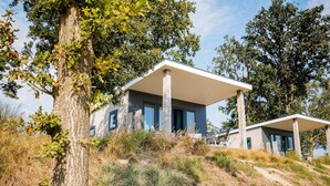 A modern house with a flat roof, large windows, and a covered patio area.
