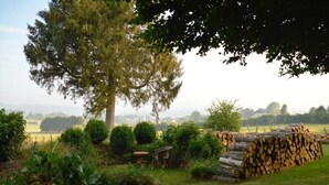 A rural landscape with a large tree, a stack of firewood, and a small wooden bench. - Modern house in Jalhay with terrace (Jalhay)