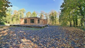 Une cabane en bois moderne dotée d’une terrasse, entourée d’une forêt aux feuilles d’automne.