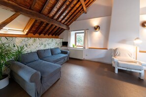 Un salon chaleureux avec un canapé gris, un fauteuil blanc, un plafond en bois, un radiateur et une fenêtre avec des rideaux.