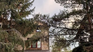 A two-story brick house with a dark brown garage door, surrounded by tall evergreen trees. - Vector Home (Warsaw)
