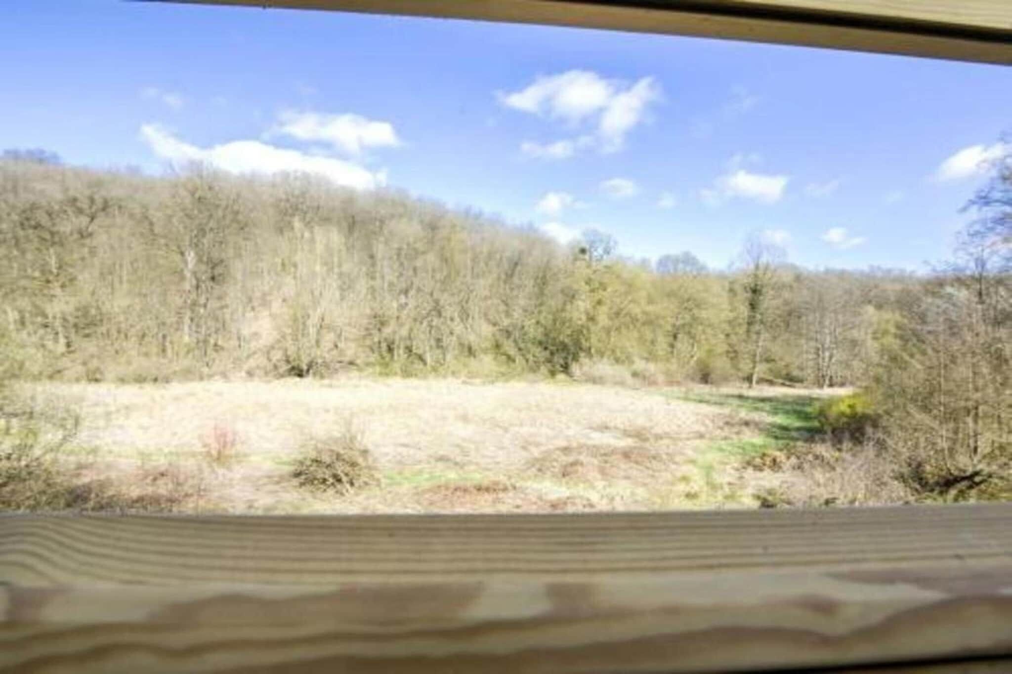 A view from inside a room with a wooden floor, looking out at a forested area with a clear sky.